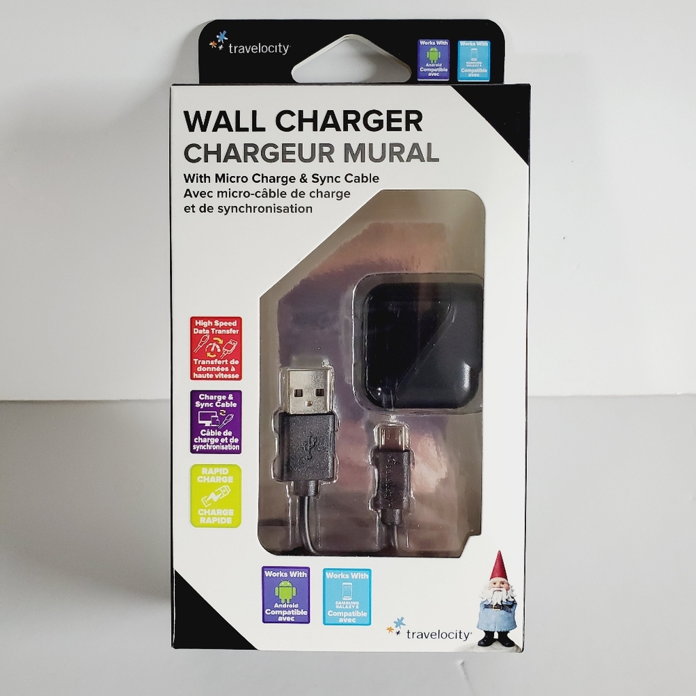 Travelocity Wall Charger with Micro Charge And Sync Cable - Black